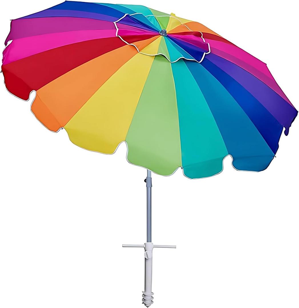AMMSUN 7.5ft Large Heavy Duty HIGH Wind Beach Umbrella with sand anchor & Tilt Sun Shelter, UPF 50+ Protection Outdoor Umbrellas Sunshade with Carry Bag for Patio Garden Pool Backyard Rainbow