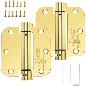 Sophia Self-Closing Door Hinge 3.5 Inch Rounded 5/8 Radius Interior, Spring Loaded Hinge Adjustable Tension for Garage Residential Standard Bedroom Indoor Doors, 2 Pack, Polished Brass