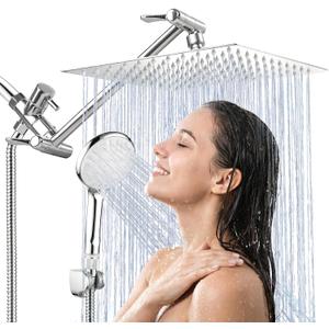 Shower Head, 10 Inch High Pressure Rainfall Shower Head/Handheld Shower Combo with 11 Inch Extension Arm, 9 Settings Adjustable Anti-leak Shower Head with Holder/Hose, Height/Angle Adjustable