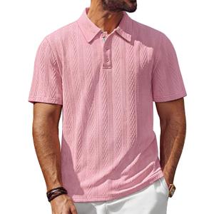 PJ PAUL JONES Mens Polo Shirts Short Sleeve Casual Textured Knit Polo Shirt for Men Golf Collared (Pink, L)