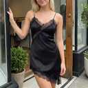 XBTCLXEBCO Women's Satin Lace Cami Top Silk V Neck Spaghetti Strap Camisole Asymmetrical Hem Flowy Long Lace Tank Slip Dress (Black, L)