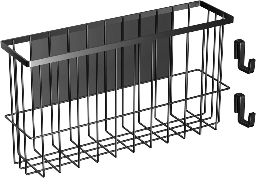 Magnetic Refrigerator Baskets, Fridge Spice Rack Organizer with Hooks, Strong Magnet Metal Hanging Wire Storage Basket Storage Bin Box Container for Pegboard / Refrigerator/ Whiteboard/ Locker-Black