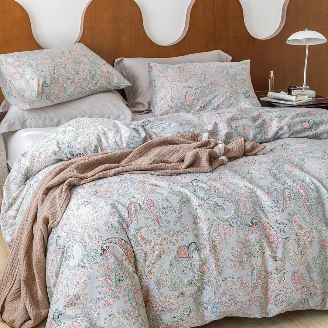 SUSYBAO Flower Paisley Duvet Cover Queen 100% Cotton 3 Pcs Set 1 Vintage Bohemian Floral Duvet Cover with Zipper Ties 2 Pillowcases Farmhouse Green Yellow Boho Bedding Set Soft Comfortable