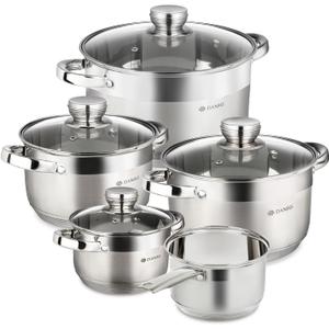 Daniks Standard 9-Piece Stainless Steel Induction Cookware Set, Saucepan, Dishwasher Safe Pots, Measuring Scale, Glass Lids, For Soup, Pasta, Stew, Silver (9 Pieces Set)