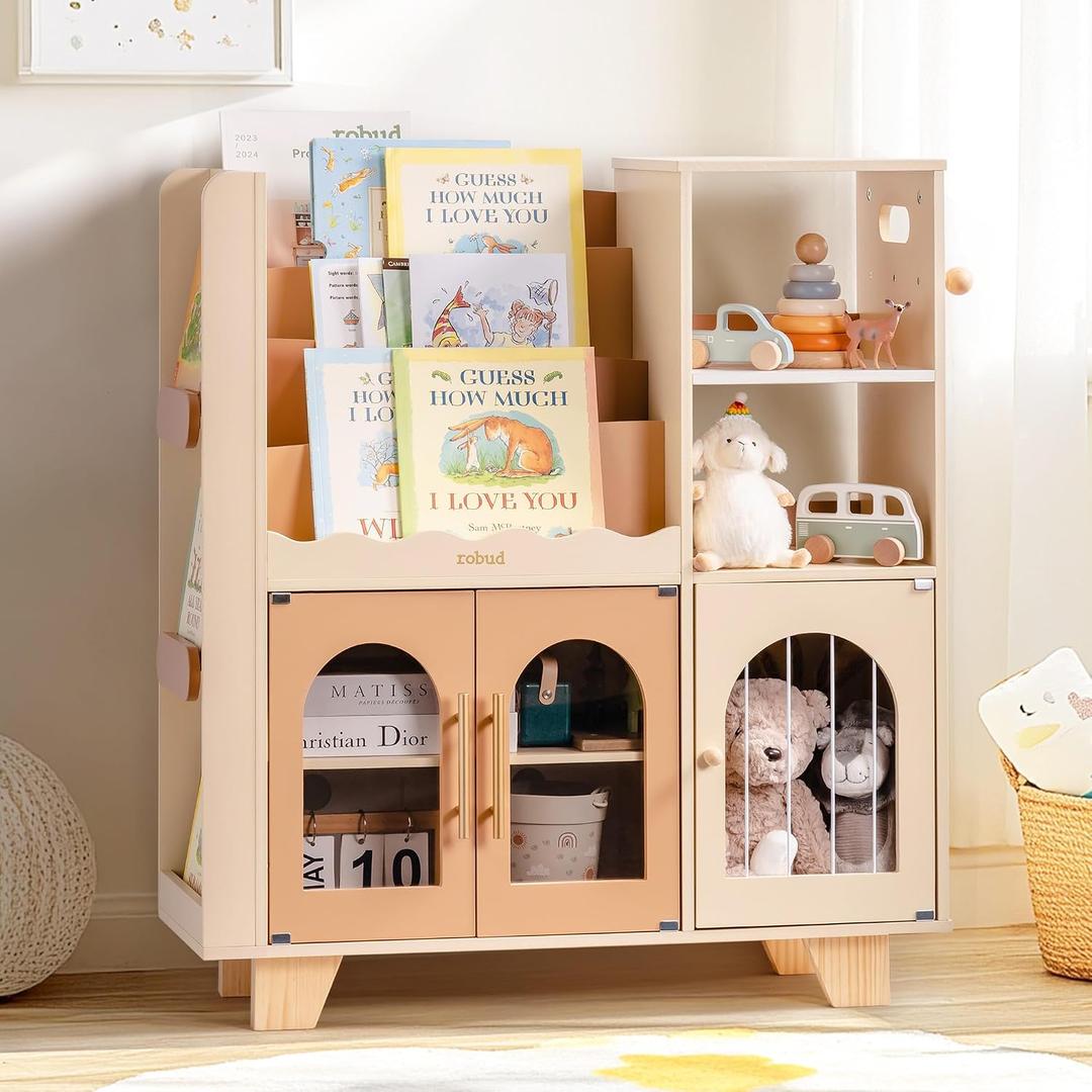 ROBUD Toy Storage Organizer, All-in-One Toy Organizers and Storage, Kids Wooden Bookshelf with 6 Storage compartments, Toy Chest Shelf Organizer for Playroom Bedroom, Caramel, 31.2 Inches X 11.6 Inches X 35 Inches