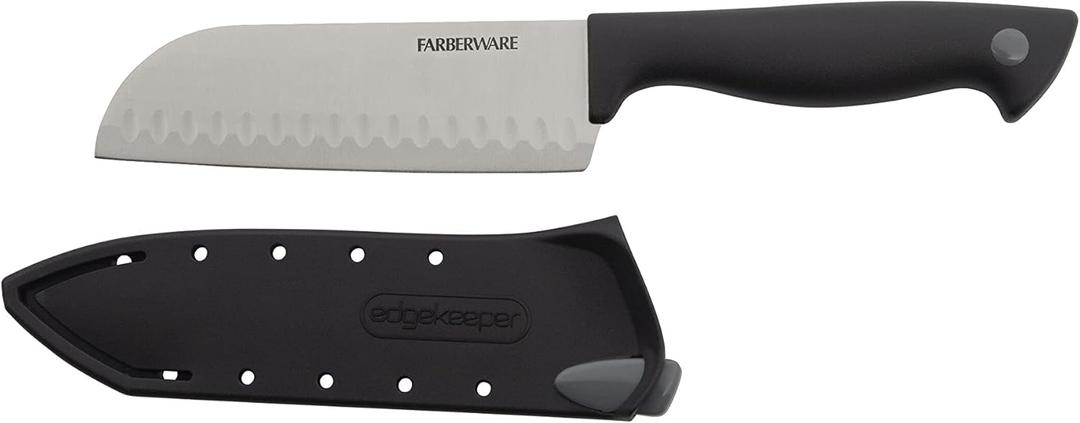 Farberware Edgekeeper 5-Inch Santoku Knife with Self-Sharpening Blade Cover, High Carbon-Stainless Steel Kitchen Knife with Ergonomic Handle, Razor-Sharp Knife, Black (Black/Gray)