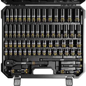 BOEN 1/2" Drive Impact Socket Set, 65-Piece Standard SAE (3/8" to 1-1/4") & Metric (10mm-24mm) Deep & Shallow Socket with Embossed Painted Marking, Includes Adapters, Ratchet Wrench, Extension Bars