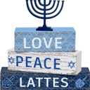 Geelin 4 Pcs Hanukkah Decorations for Home 3 Layered Wood Block with Dreidel Star of David Menorah Hanukkah Decor Blue and White Jewish Judaism Chanukah Decor for Mantel Tabletop Party