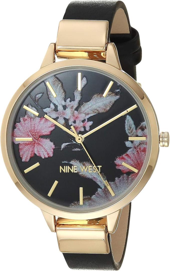 Nine West Women's Floral Dial Smooth Strap Watch (Black/Gold)