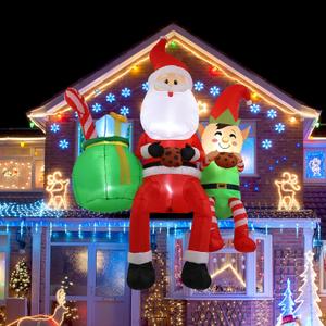 8FT Santa Claus Sitting on The Roof Christmas Inflatable Decoration with LED Lights, Suitable for Holiday Celebration Decorations in Courtyards, Lawns, Terraces, etc.