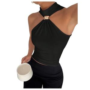 Milumia Women's Metal Halter Mock Neck Ruched Tank Top Sleeveless Slim Fit Going Out Tops Black X-Small
