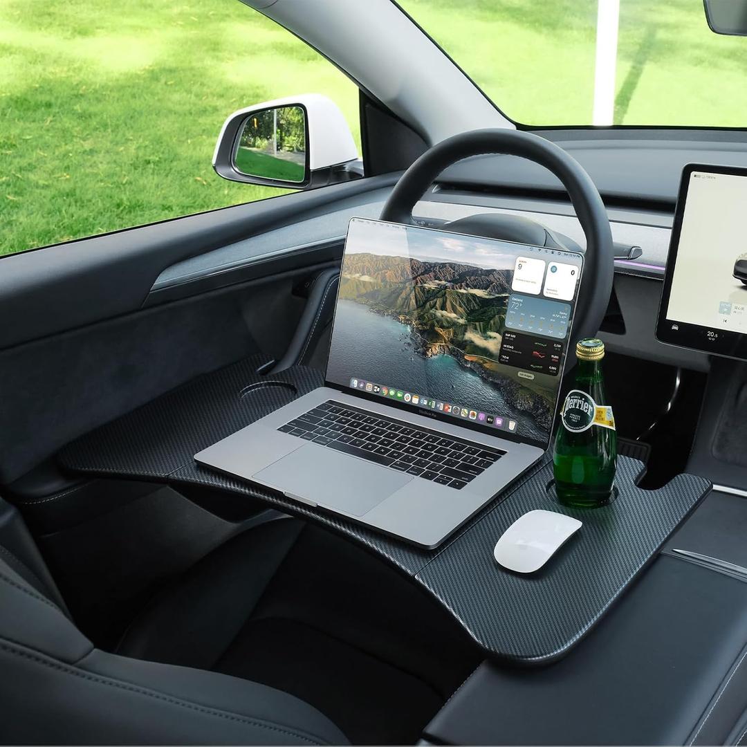 YONZEE Foldable Desk Food Tray (Carbon Edition) for Tesla Model Y Juniper Model 3 - Upgraded Table with Support Leg for Dining, in-Car Work, Travel and Outdoor (2 Pack)