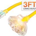 3 ft 12 Gauge Heavy Duty 3 Outlet Extension Cord Splitter with Indicator, Waterproof Outdoor Extension Cord with Multiple Outlets, 15A 1875W for Workshop, ETL Listed, Flexible Yellow SJTW