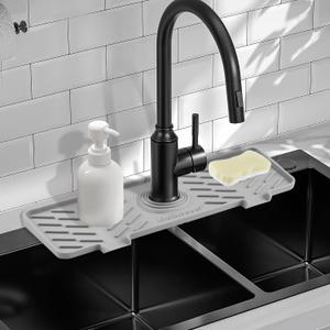Silicone Faucet Mat for Kitchen Sink Gen 3 10 Slope Splash Guard with Cuttable Hole 14 x 5.5 Drip Catcher & Sponge Holder for Kitchen, Bathroom (Gray)