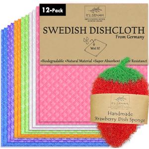 [12Pack+1Loofah Dish Sponge] 100% Natural Biodegradable Swedish Dishcloths for Kitchen | No-Discoloration, No-Odor, Super Absorbent Dish Sponge | Paper Towel, Dust Wipes Replacement (Multi [12pcs])