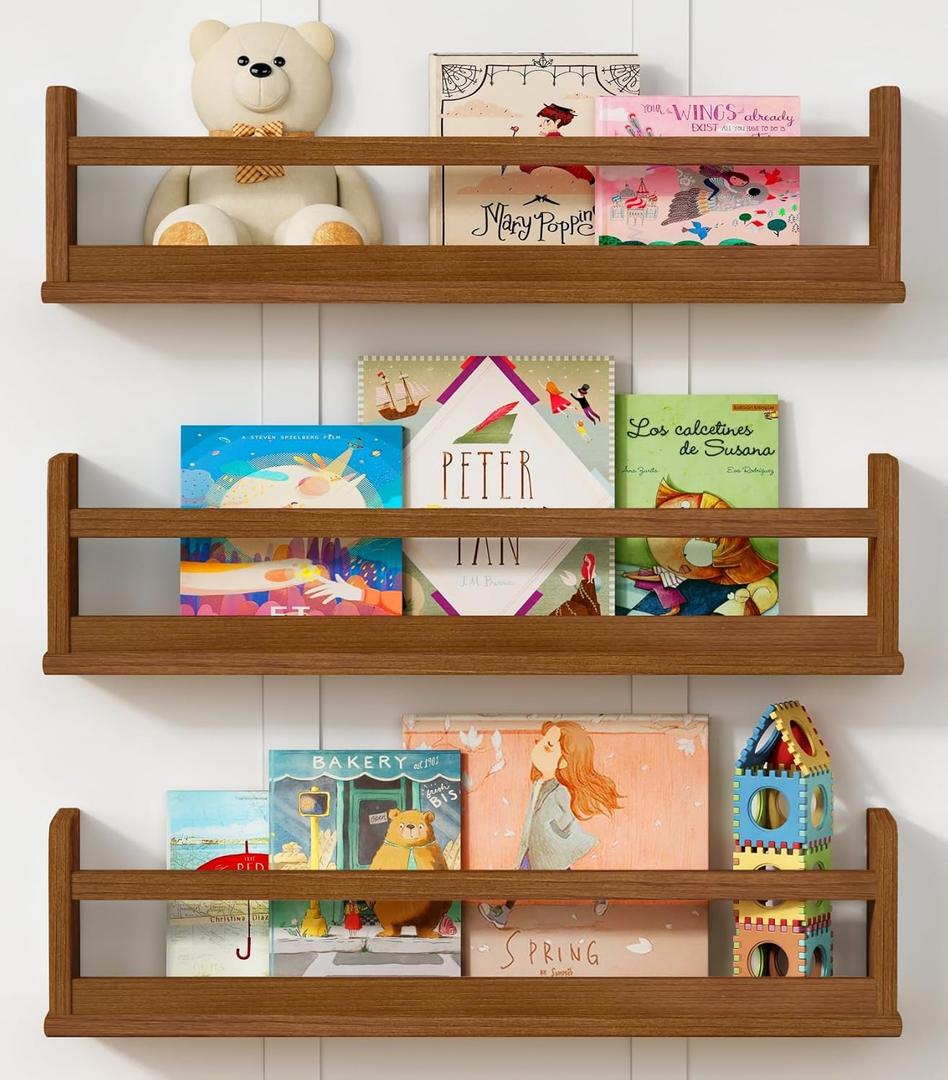 Floating Nursery Book Shelves Wall Mounted, Wooden Wall Bookshelf for Kids Room, Dark Wood Hanging Book Shelf for Baby Toddler Childrens Bedroom (24 Inch, Walnut Brown, Set of 3)