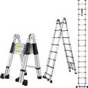16.5 FT A Frame Telescoping Ladder, Adjustable Multi-Purpose Collapsible Extension w/Balance Bar & Wheels, Heavy Duty 330 lbs Max Capacity, Ideal for Home and Outdoor Work, Silver