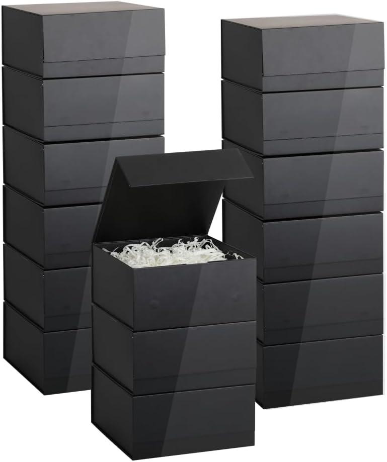 Black Magnetic Gift Box 15 Pack 8X8X4 Inch Foldable Gift Boxes Bulk Black Gift Boxes with Lids Packaging for Small Business Luxury Gift Box Shredded Paper Filler