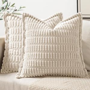 MIULEE Cream White Corduroy Decorative Throw Pillow Covers Pack of 2 Soft Striped Pillows Pillowcases with Broad Edge Modern Winter Cute Boho Home Decor for Couch Sofa Bed 20x20 Inch
