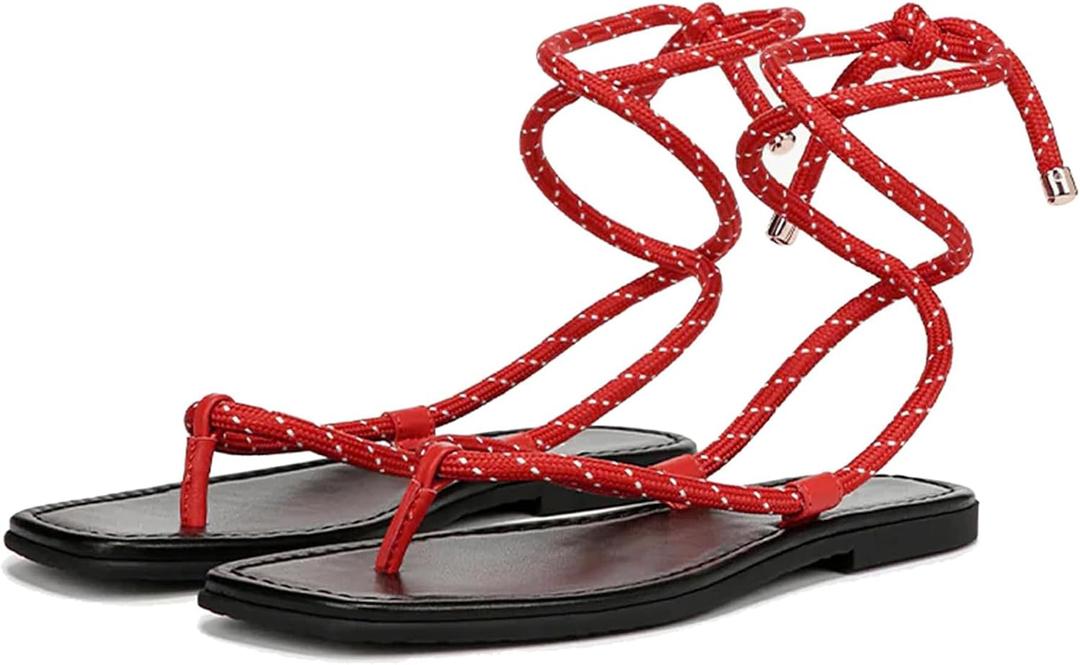 Rope Flat Sandals for Women Strappy Lace Up Square Open Toe Thong Sandals Comfortable Summer Beach Flip Flops Shoes, Size: 7.5