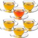 7oz Glass Tea Cups and Saucers,6 Pack Clear Teacup and Saucer Set,Glass Tea Cups with Handles for Cappuccino,Tea,Juice