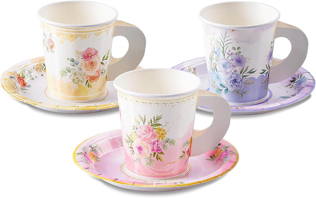 HOMIX 24 Paper Tea Cups and Plates, 7 OZ Disposable Paper Teacups and Saucer Sets for Hot and Cold Drinks for Birthday, Princess, Floral, Tea Party Decorations