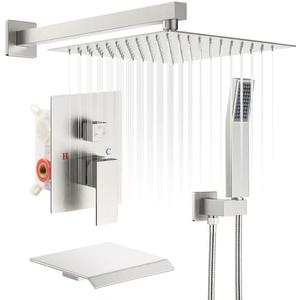 HGN 10 Inches Bathroom Rain Shower Combo Set Wall Mounted Rainfall with Tub Spout Brush Nickel Shower Head System Rough-in Valve Body and Trim Included