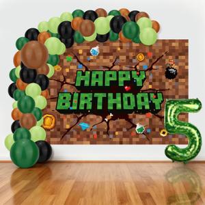 SAVITA Pixel Balloon Garland Kit, Video Game Theme Gamer Night Party Decorations Set with 150x100cm/59x39.37in Backdrop Banner & Green Number Balloon Arch Decor for Happy Birthday Party Background(5)