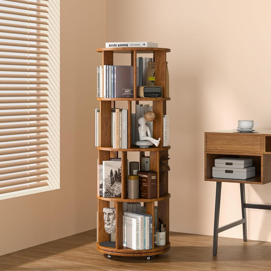 4 Tier Rotating Bookshelf Tower, 360 Spinning Bookcase Carousel with Lockable Wheels, Round Lazy Susan Organizer for Corner Bookshelf, Solid Wood Revolving Bookcase for Kids Room, Bedroom, Living Room (Walnut)