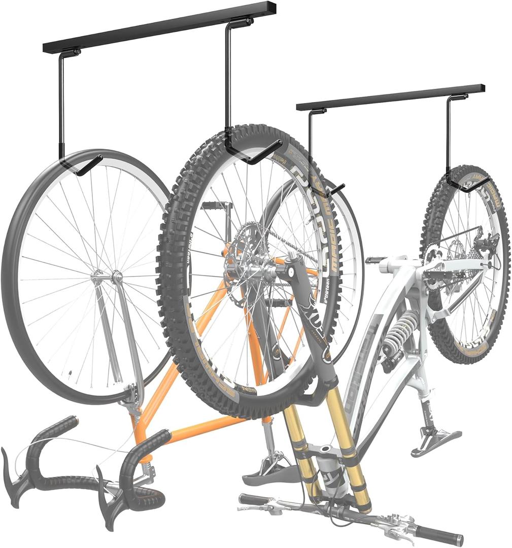 WALMANN Ceiling Mounted Bike Rack for Garage, Space-Saving Ceiling Bike Storage for 2 Bikes(Horizontally)/4 Bikes(Vertically), Adjustable Bike Hooks for Road Mountain Bikes