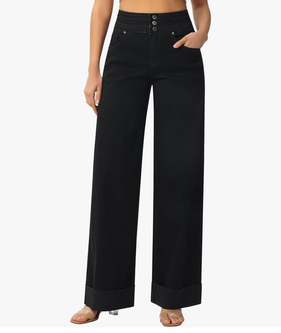 roswear Women's High Waisted Stretchy Wide Leg Jeans Cuffed Baggy Jeans Loose Denim Pants XL