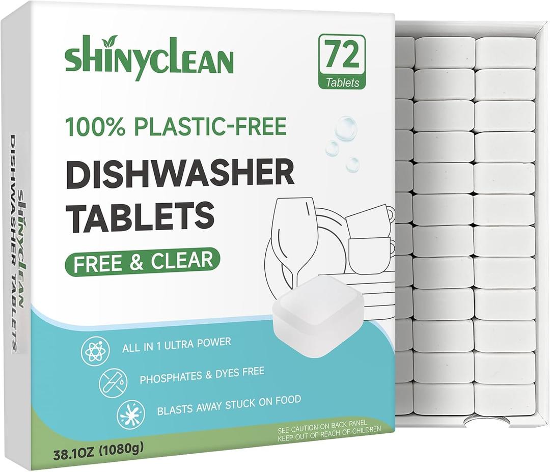 100% Plastic-Free Dishwasher Tablets, Free & Clear, 72 Count