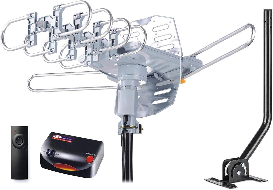 PBD Amplified Outdoor TV Antenna with 360 Motorized Rotation, UHF/VHF Long-Range Reception, Remote Control, Mounting Pole & 40FT RG6 Cable, Dual TV Outputs, Supports 4K/1080P Smart & Older TVs
