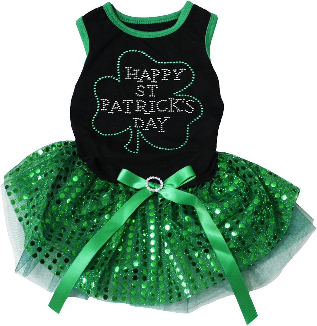 Petitebella Rhinestone Happy St Patrick's Day Puppy Dog Dress (Black/Green Sequins, XXX-Large)