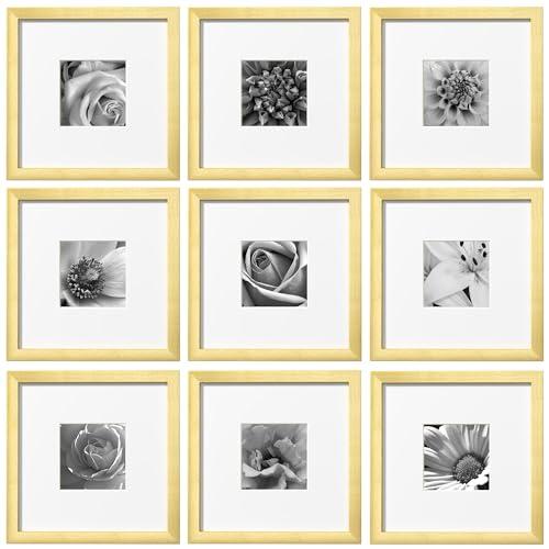 eletecpro 10x10 Picture Frames Set of 9 with Mat for 5x5 Photos or without Mat for 10x10, Square Gallery Wall Decor Collage for Picture Display, Gold Frame Set for Wall Hanging