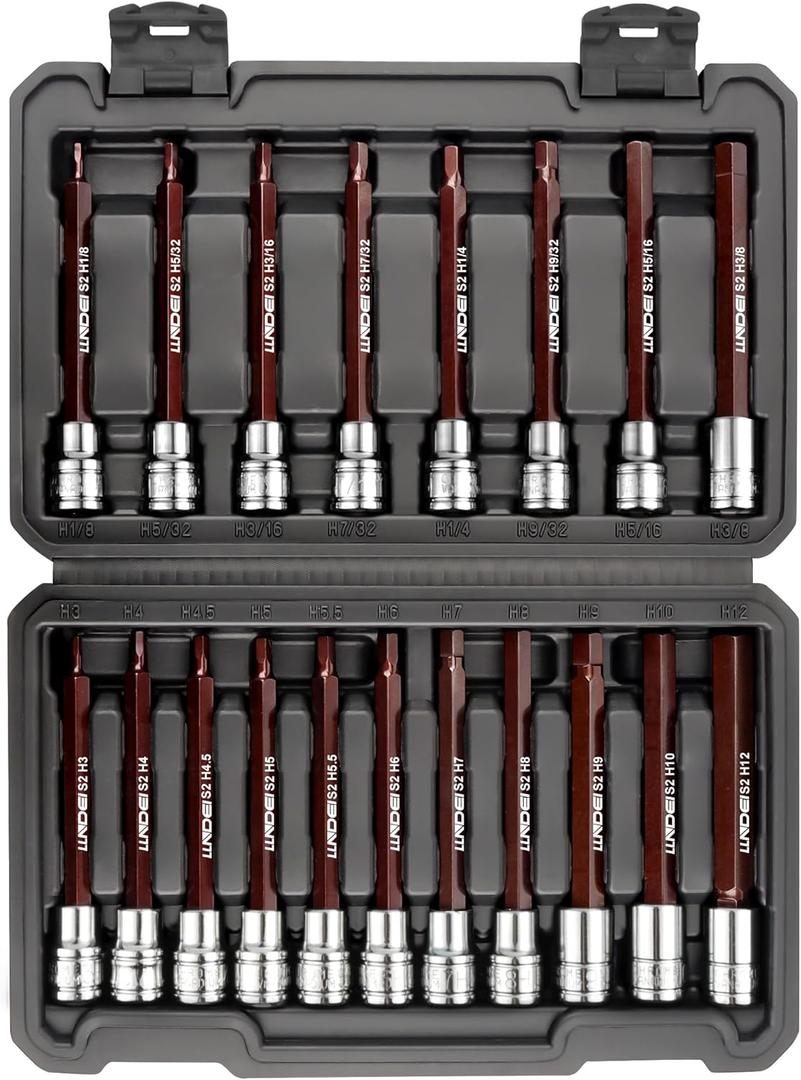 LLNDEI 3/8-Inch Drive Extra Long Allen Hex Bit Socket Set 19PCS- Standard SAE & Metric (1/8"-3/8", 3-12mm), CR-V&S2 Alloy Steel, Durable Tool Accessories Kit for Mechanics