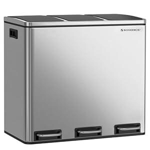 SONGMICS Trash Can, 3 x 4.8 Gallon Garbage Can, 14.4 Gallon Recycle Bin with Soft-Close Lids, Pedals, and Inner Buckets for Kitchen, Stainless Steel, Silver and Black ULTB54NL