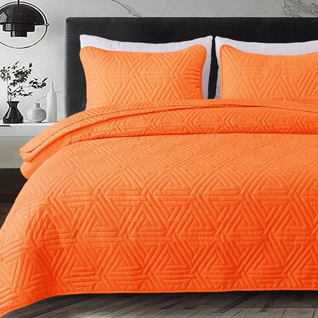 Whale Flotilla Soft Queen Size Quilt Set for All Seasons, 3-Piece Ultrasonic Geometric Quilts Bedding Set, Lightweight Reversible Bedspread, Coverlet, Bed Cover with 2 Pillow Shams, Orange (Full/Queen (96"x90"))
