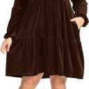 Women's Velvet Dress Long Sleeve Loose Flowy Swing Tunic Velvet Dress Plus Size Dress with Pocket (Brown, XL)