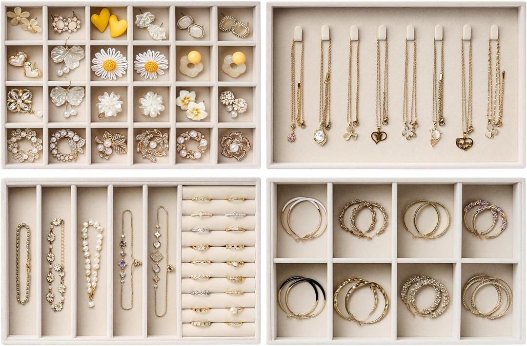 Velvet Jewelry Drawer Organizer Trays  Large Beige Stackable Jewelry Storage Inserts Set, 4-Layer Jewelry Tray Set for Earrings, Rings, Necklaces, Bracelets with Removable Dividers for Dresser,Vanity (Expanded (Magazine Size))