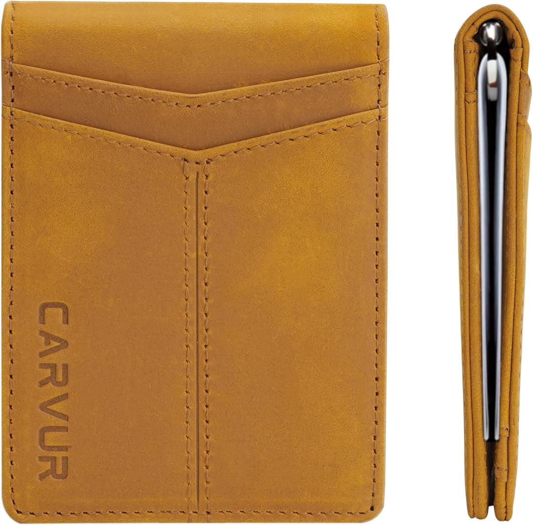 Slim Bifold RFID Blocking Full Grain Genuine Leather Front Pocket Minimalist Thin Wallet with Money Clip for Men - (SB20) (Desert Dune)