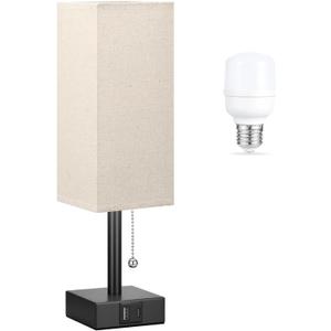 Small Linen Bedroom Lamp - 3 Color Temperature 3000K 5000K 4000K Bedside Lamp, Pull Chain Control, USB A and C Charging Ports, Black Base, for Kids Office Dorm, Bulb Included