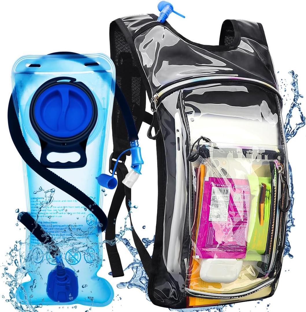 Hydration Backpack with 2L Water Bladder, Raves Water Backpack, Lightweight Insulation Hydration Pack for Men and Women, Suitable for Music Festivals, Raves, Hiking, Activities,Transparent