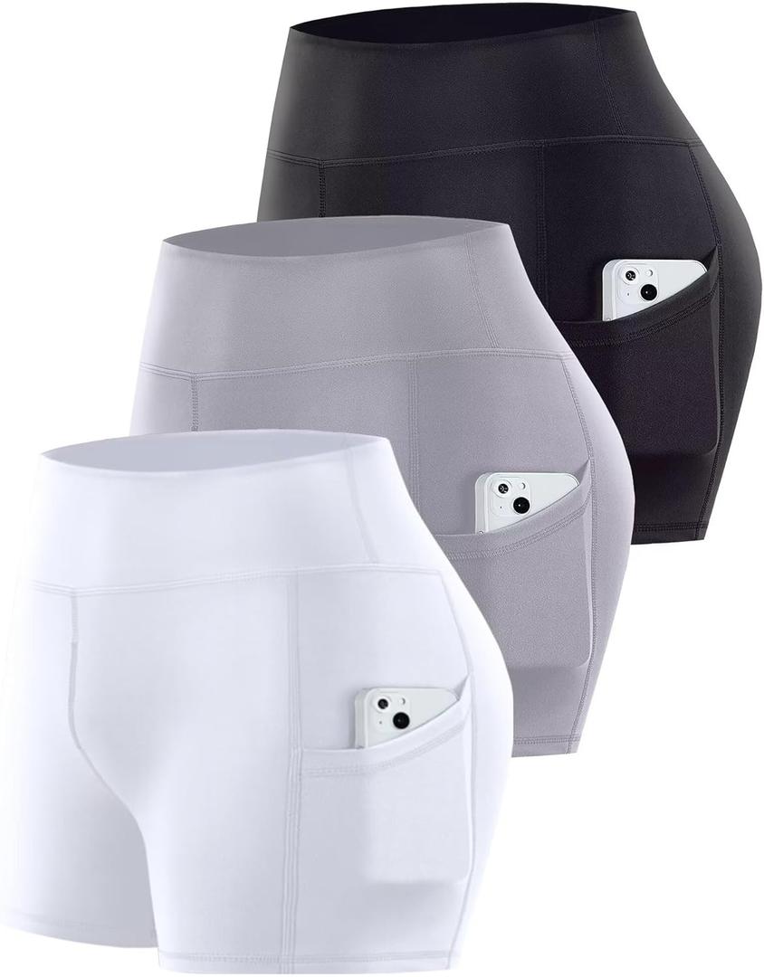 3 Pack Biker Shorts with Pockets Women,5 Soft High Waist Tummy Control Yoga Workout Athletic Running (Small-Medium, Black/Grey/White)