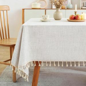 Laolitou Textured Table Cloth for Rectangle Table, Heavy Duty Farmhouse Tablecloth Solid Cotton Linen Waterproof Wrinkle Free Burlap Tables Cover for Kitchen Dining,Party, Ivory 55''x106'',8-10 Seats