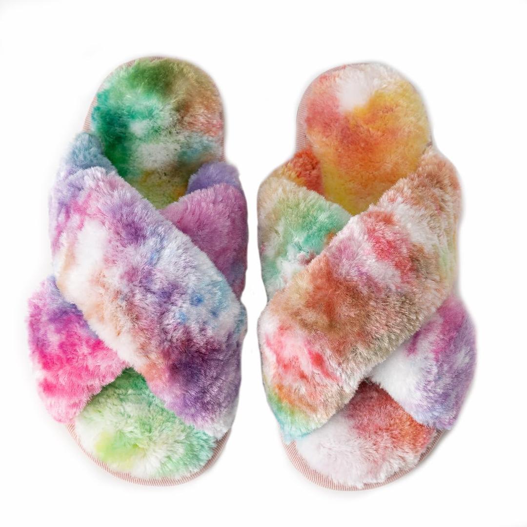 Girls Fluffy Slippers Memory Foam Soft Plush Cross Band House Shoes Indoor Outdoor Slip On (11-12 Little Kid)