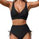 Women's High Waisted Two Piece Swimsuit Twist Front Bikini Sets | Tummy Control, 2 Piece, Push Up, Removable Pads, Wireless, Lace-up Back, Beachwear, Summer Holiday Outfits (Black, S)