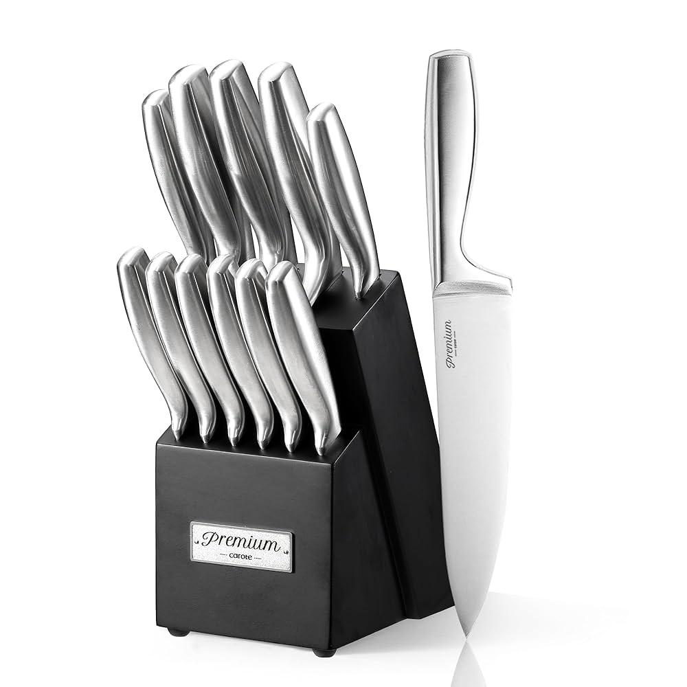 CAROTE 12 Pieces Knife Set, Stainless Steel Kitchen knife Set with Wooden Block, Block Knife Set with High Carbon Steel Blades, Razor-Sharp, Dishwasher Safe