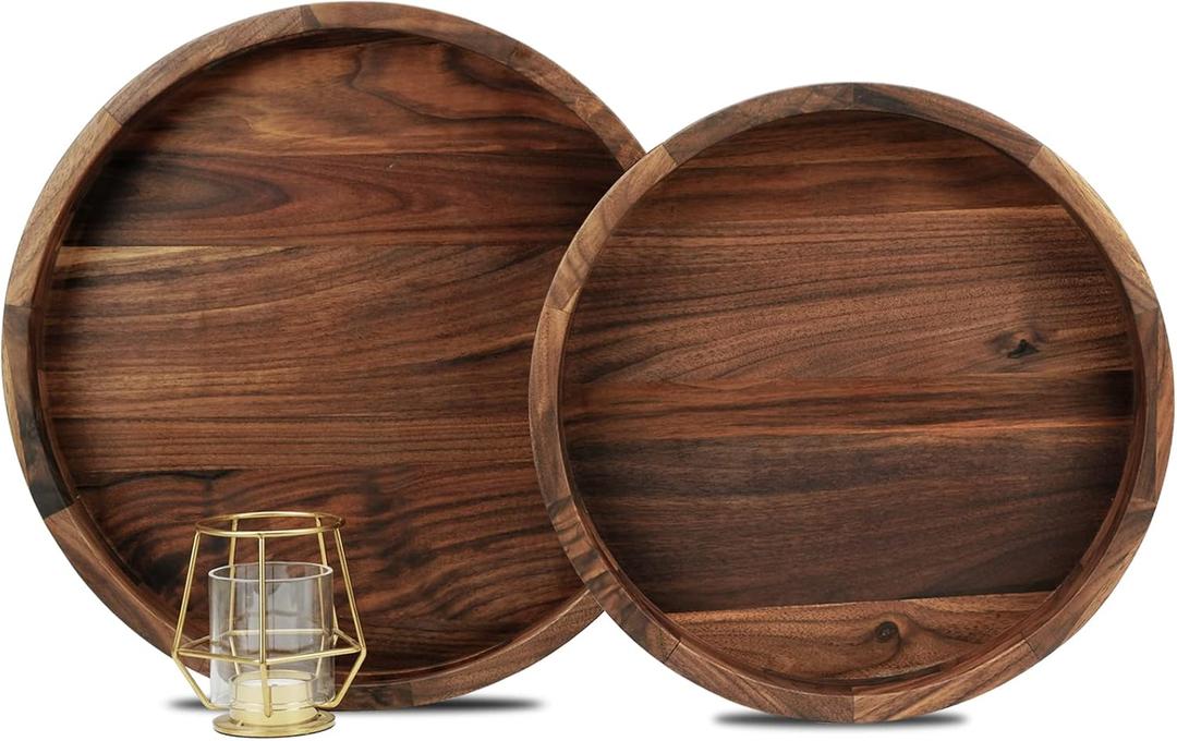 Set of 2 Large Round Black Walnut Wood Ottoman Tray 