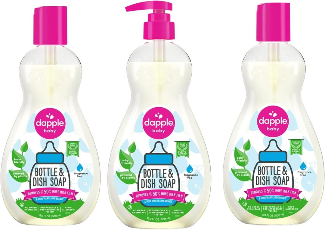 Dapple Baby Bottle Soap, Hypoallergenic Dish Soap for Baby Bottles, Powered by Plants, 1 Pump Included, Fragrance Free, 16.9 Fl Oz (Pack of 3)